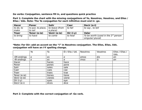 Go verbs: Conjugation, sentence fill in, and questions quick practice