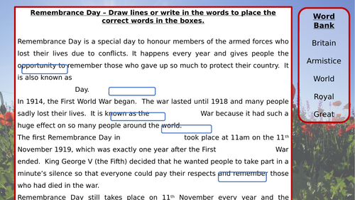 KS2 Remembrance Day Cloze Activity - Fill in the Missing Words