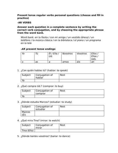 Present tense regular verbs personal questions (choose and fill in practice)