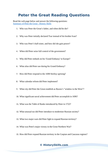 Peter the Great Reading Questions Worksheet