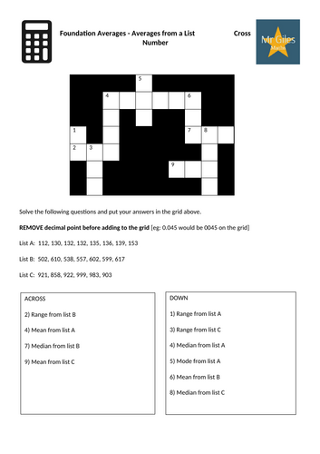 Foundation Averages - Averages from a List Cross Number