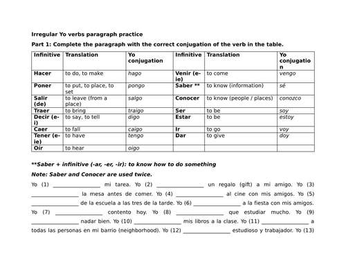 Irregular yo verbs paragraph practice