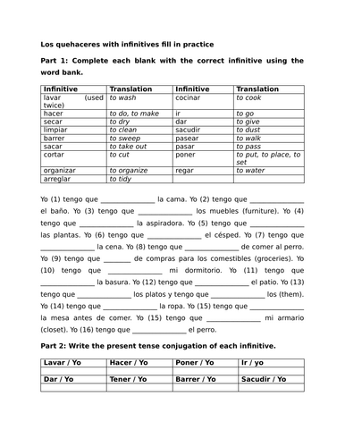 Los quehaceres with infinitives fill in practice