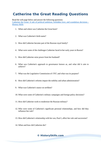 Catherine the Great Reading Questions Worksheet