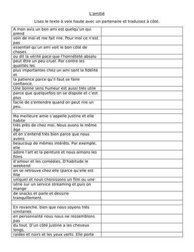 GCSE French knowledge organiser describing friends