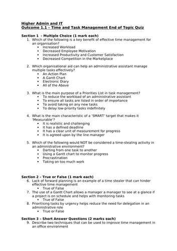 Higher Admin and IT - Time and Task Management End of Topic Quiz