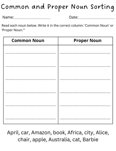 common and proper noun sorting worksheet for grade 1