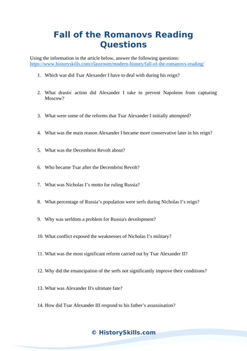 Fall of the Romanovs Reading Questions Worksheet