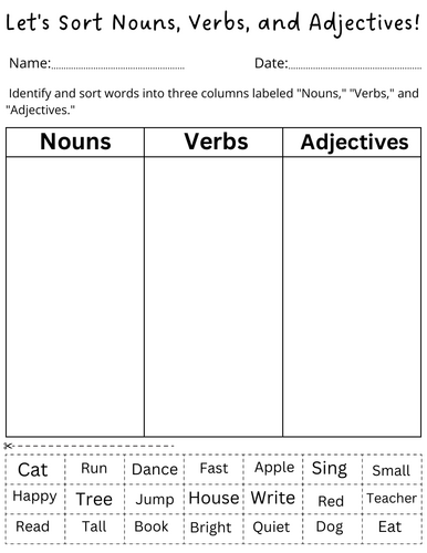 noun verb adjective sorting worksheet grade 1