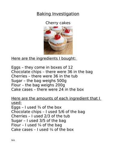 LKS2 (Year 3/4) Baking Task (using fractions)