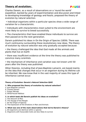 Theory of Evolution, and Speciation text and questions