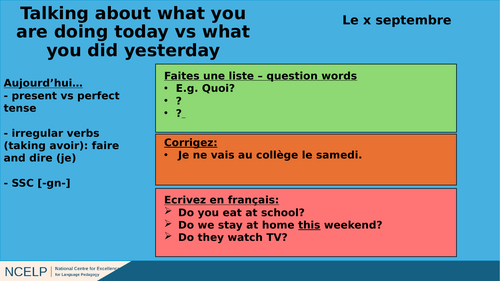 NCELP Year 8 French - Tiered Starters (Half-term 2 - 14 starters)