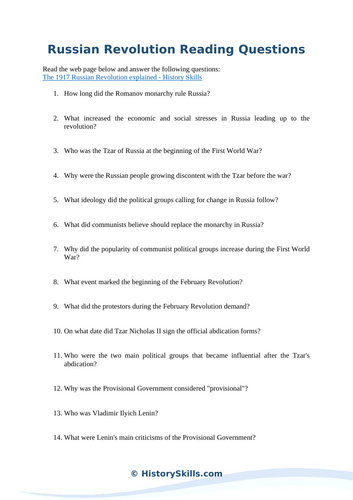 Russian Revolution Reading Questions Worksheet