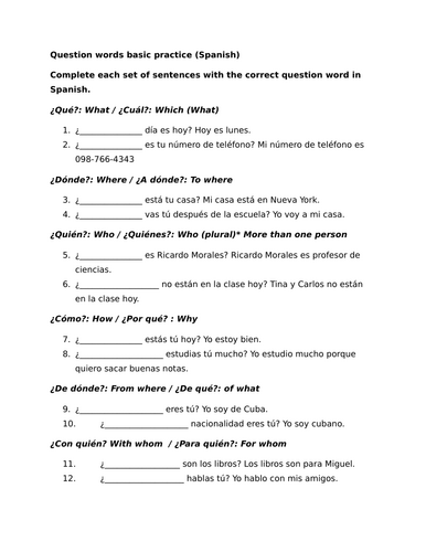 Question words basic practice (Spanish)