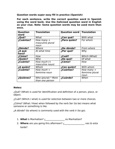 Question words super easy fill in practice (Spanish)