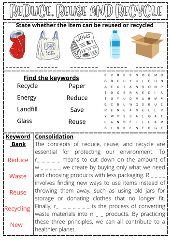 Reduce, Reuse and Recycle Worksheet- LA