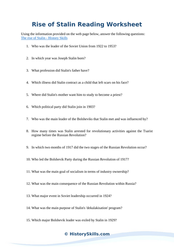 Rise of Stalin Reading Questions Worksheet