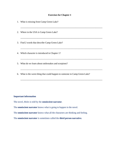 Holes by Louis Sanchar Exercises for Chapter 1 (with answers)