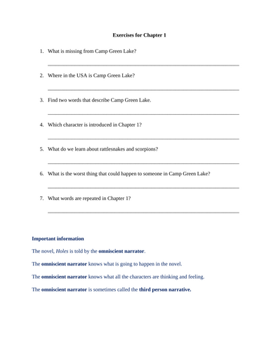Holes by Louis Sanchar Exercises for Chapter 1 (with answers)