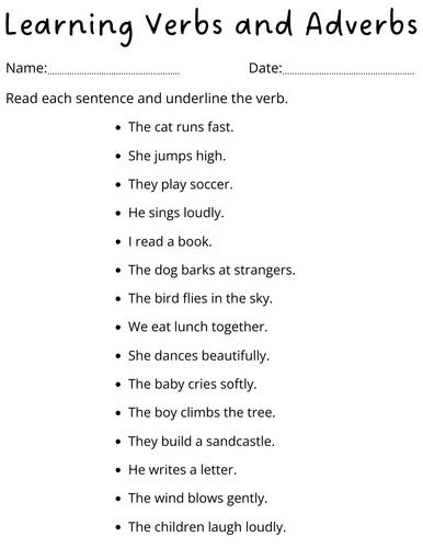 sentences verb and adverb worksheets for grade 1