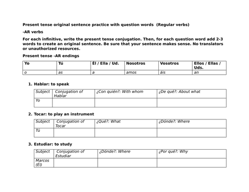 Present tense original sentence practice with question words (Regular verbs)