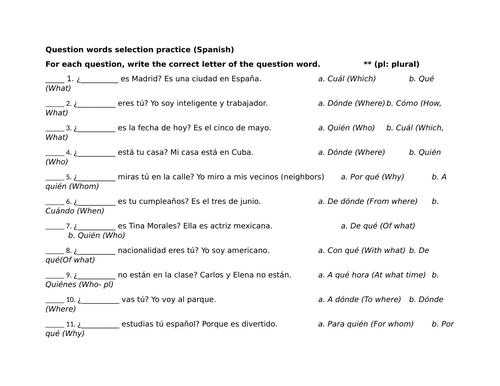 Question words selection practice (Spanish)