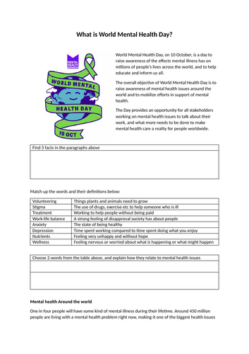 English KS3 / KS4 World Mental Health Day 10 October 2024 Reading Comprehension Analysis Writing