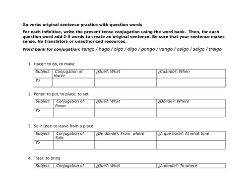 Go verbs original sentence practice with question words