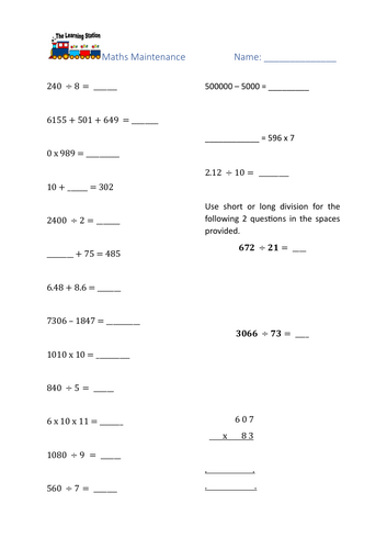 Maths Maintenance Yr 6