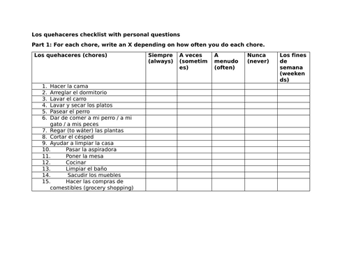 Los quehaceres checklist with personal questions (Present tense)