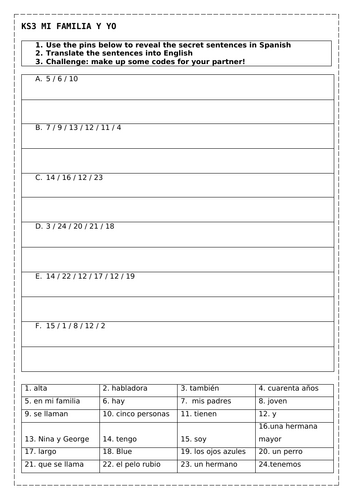 KS3: Mi familia pin codes