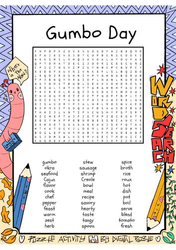 National Gumbo Day word search puzzle worksheet activity