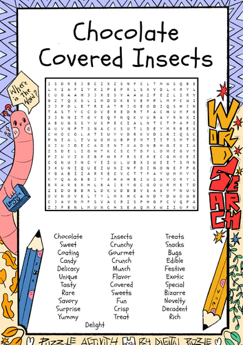 National Chocolate Covered Insects Day word search puzzle worksheet activity