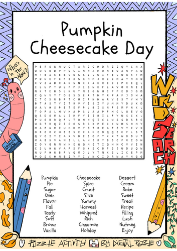 National Pumpkin Cheesecake Day word search puzzle worksheet activity