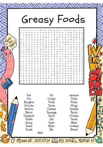 National Greasy Foods Day word search puzzle worksheet activity