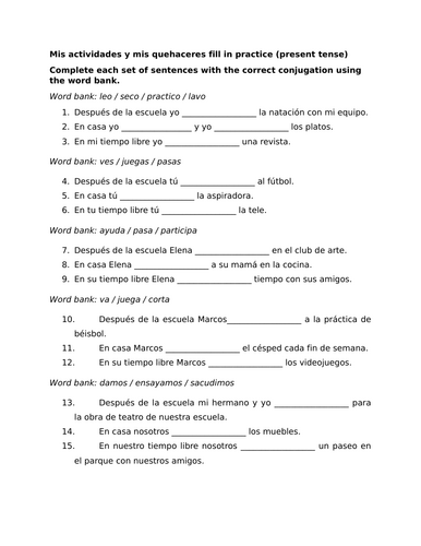 Mis actividades y mis quehaceres fill in practice (present tense)