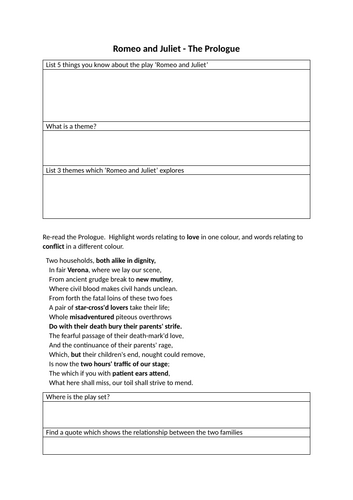 English Literature KS3 / KS4 Romeo and Juliet Prologue Comprehension , Language Analysis and writing