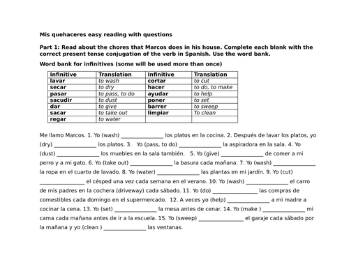 Mis quehaceres easy reading with questions