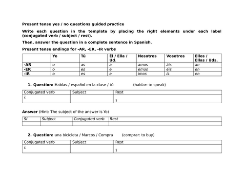 Present tense yes / no questions guided practice (Regular verbs)