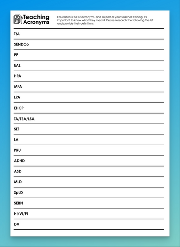 Teaching Acronyms - support worksheet for trainee teachers