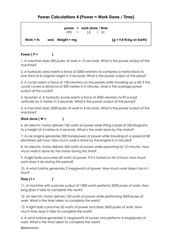 GCSE Physics Worksheets [P = W / t] Power Work Time Calculations w solutions