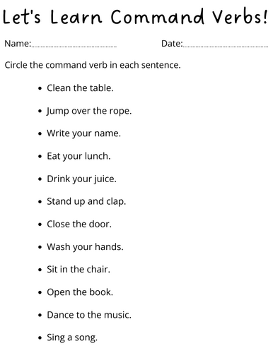 printable command verbs worksheet for grade 1