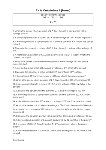 GCSE Physics Worksheets [P = IV] Power Current Voltage Calculations w solutions