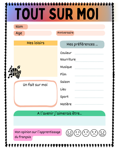 Tout sur moi - Presentation in French worksheet