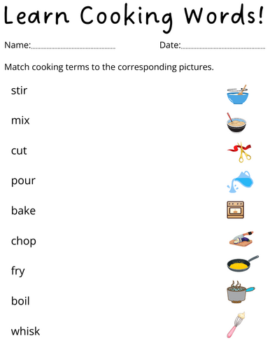 printable matching cooking terms worksheet for kids