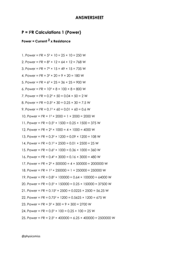 GCSE Physics Worksheets [P = I2R] Power Current Resistance Calculations w solutions