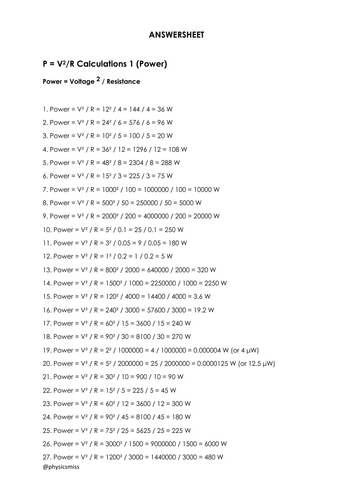 GCSE Physics Worksheets [P = V2/R] Power Voltage Resistance Calculations w solutions