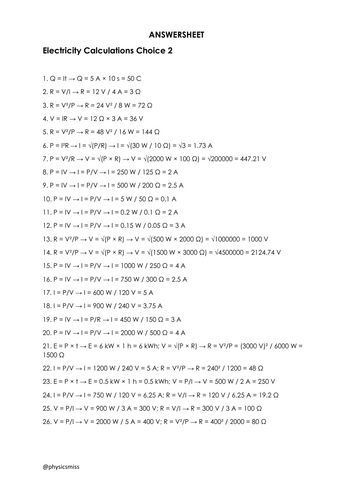 GCSE Physics Electricity Calculations Choice 2 Worksheet w solutions