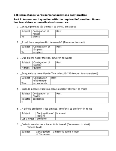 E-IE stem change verbs personal questions easy practice