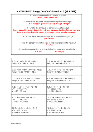 GCSE Physics Worksheets Energy Transfers (KE & GPE) Calculations w solutions